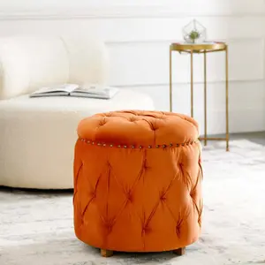 Surya Amana Modern Orange Tufted Round Ottoman With Nailheads AAA-005