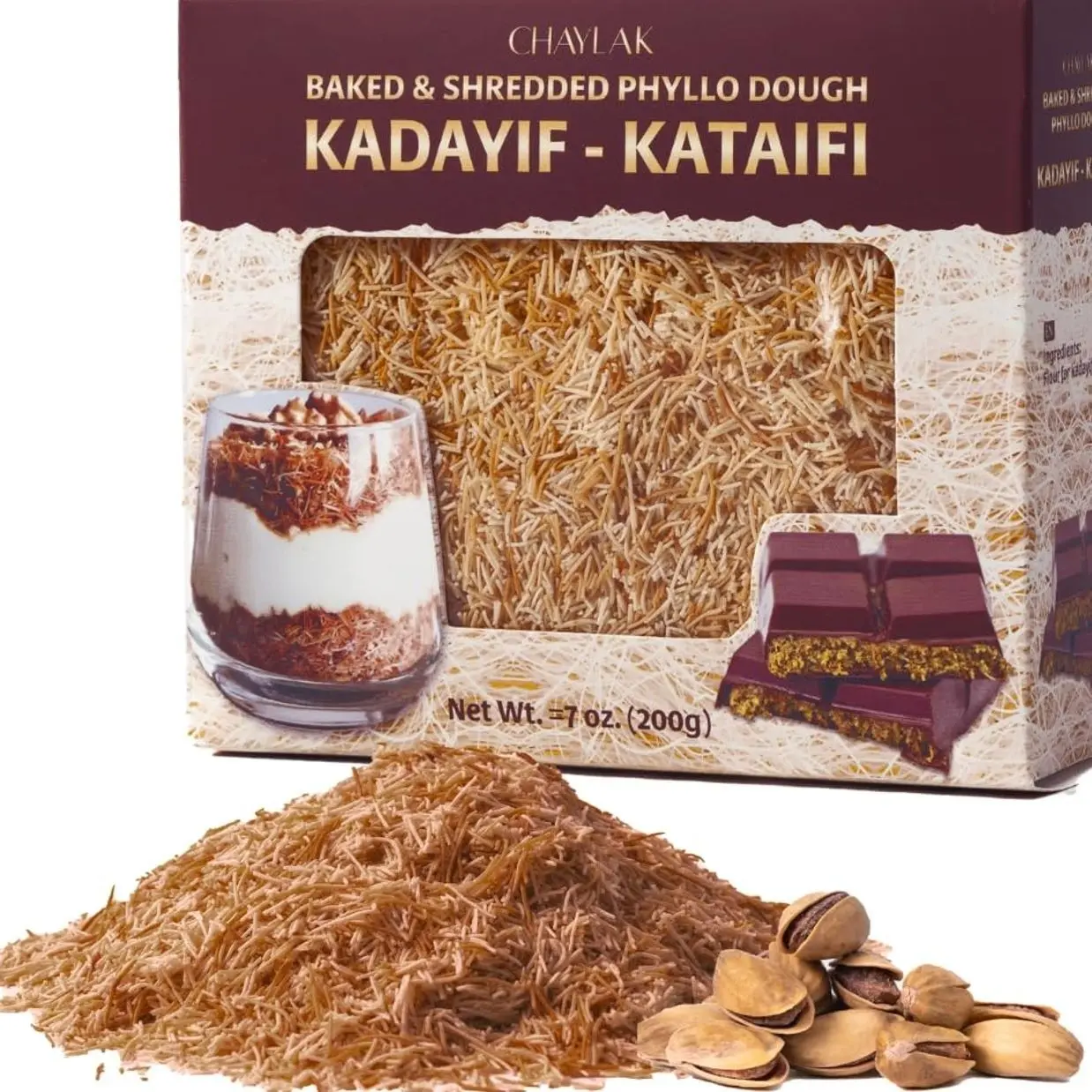 Baked & Shredded Kataifi Pastry 7 oz (200g) – Ready to Use Crushed Kadaifi, Roasted Shredded Phyllo Dough for Dubai Chocolate, Knafeh, Kunafa, Pistachio Chocolate Bars, and Pastry Toppings – Chilled & Baked Kadayif Sprinkles, Kataifi