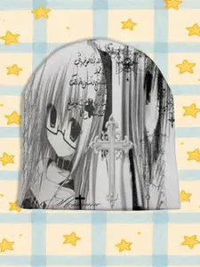 Autumn Winter Cartoon Anime Print Colorblock Knit Beanie, Unisex Loose-Fitting Hat, Comfortable Streetwear Accessory