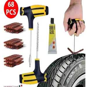 68 Pieces Tire Repair Kit with Plug Tire Plug Kit Tire Plug Repair Kit T Handle Tire Repair Tools to Fix Punctures and Plug Flats for Truck, Rv, SUV, ATV, Motorcycle,Jeep,Car, Tractor, Trailer