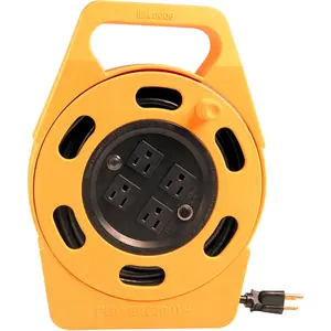 Woods 2801 Extension Reel with Four 3-Prong Power Outlets; Heavy Duty Retractable Cord; User Friendly; Made of Flame Resistant Materials; 10 AMP Circuit Breaker; 25 Foot; Yellow; Orange Woods