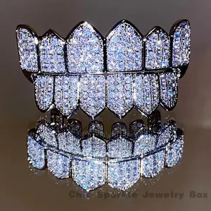 SWFang Frenzy: 18K Silver Plated CZ Vampire Teeth Grills - Halloween & Hip Hop Bling Accessory Oral