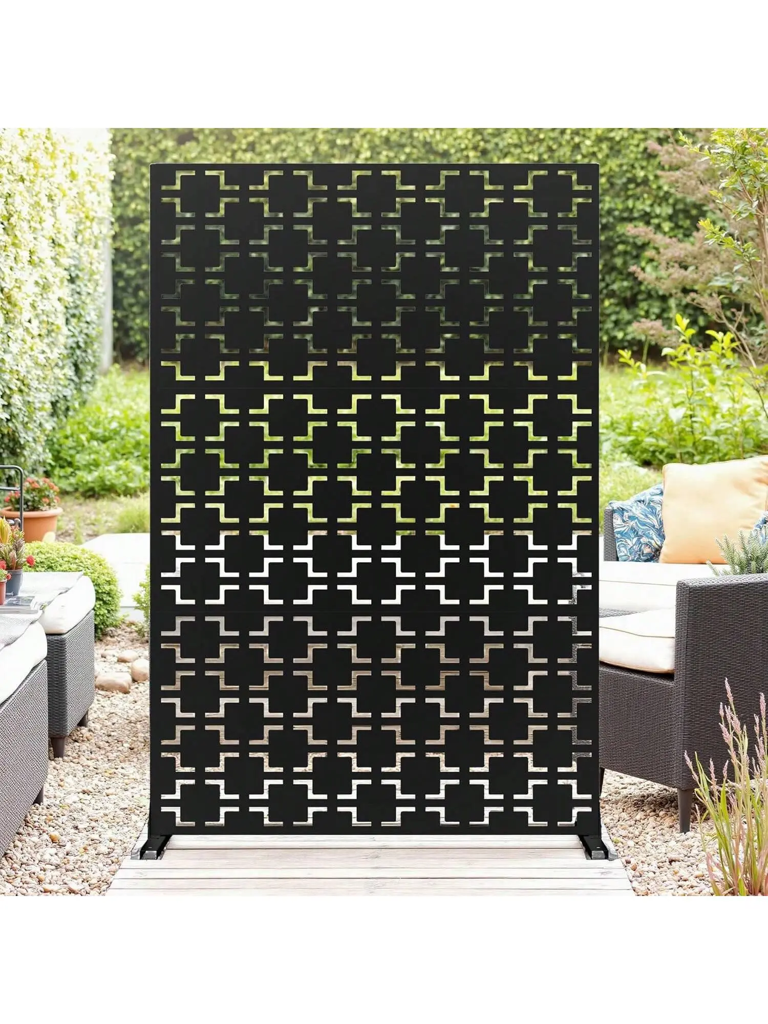 72" H x 47" W Modern 3-Panel Black Square Corrosion-Resistant Fade-Resistant Metal Privacy Screen with Mesh Front Partitions, Freestanding Decorative Fence Divider with Stand for Outdoor Patios, Gardens, Pools