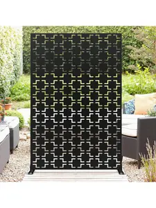 Black/Square- Metal Privacy Screen 72" H X 47" W, Outdoor Privacy Screens And Panels, Freestanding Decorative Fence For Patio Lawn Garden Deck Balcony, 3-Panel Outdoor Divider With Stand