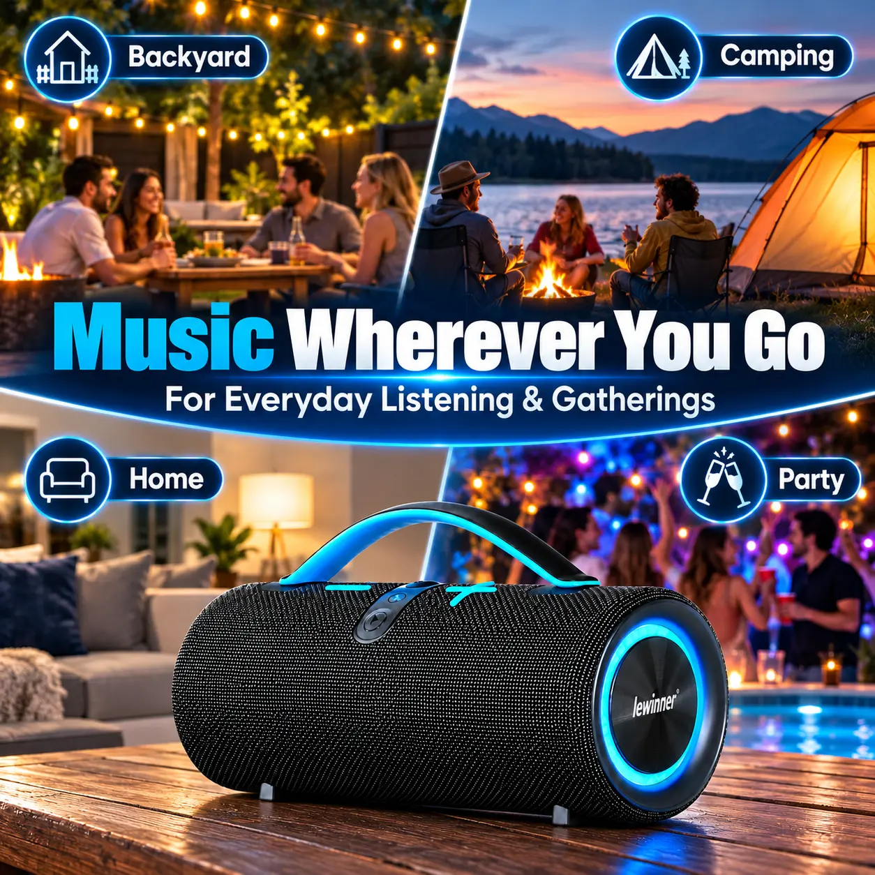 Flash Sale Lewinner Portable Bluetooth Speaker - 30W*2 Bass Boosted Speaker, IPX7 Water Safe, RGB Lights, TWS Dual Pairing, Lightweight Stereo Audio, USB-C, Batteries Included, Aesthetic Tech Gadget for Adults, Outdoorfun, Beach Use