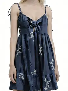 Faded Indigo Vintage Botanical Print Designer Two-Piece Set (Top + Skirt)