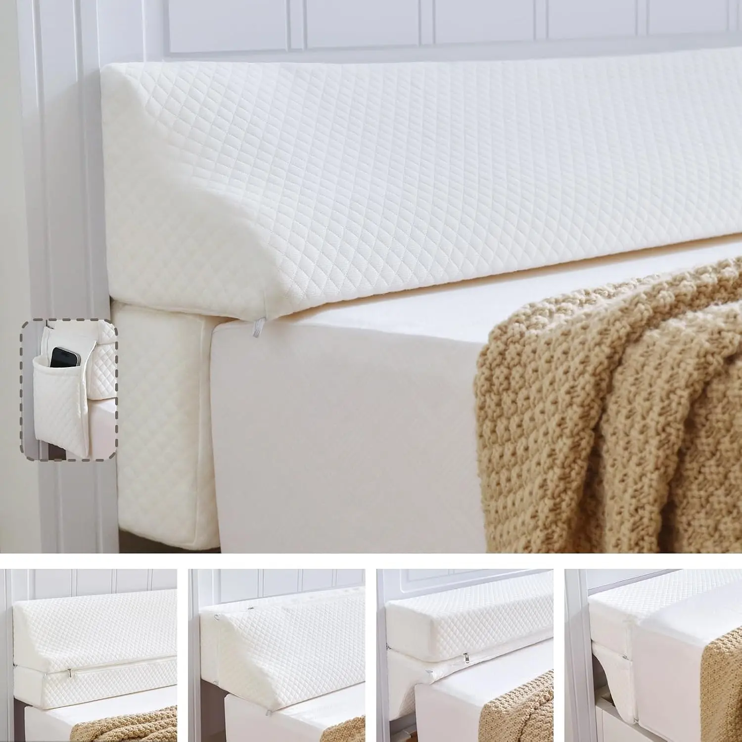 Bed Wedge Gap Filler Queen Size, Wedge Pillow for Headboard Gap, 60×10×6 in | Foldable Mattress Gap Filler, Close The Gap (0–7"),Between Headboard and Mattress, Bed Crack Pillow, White
