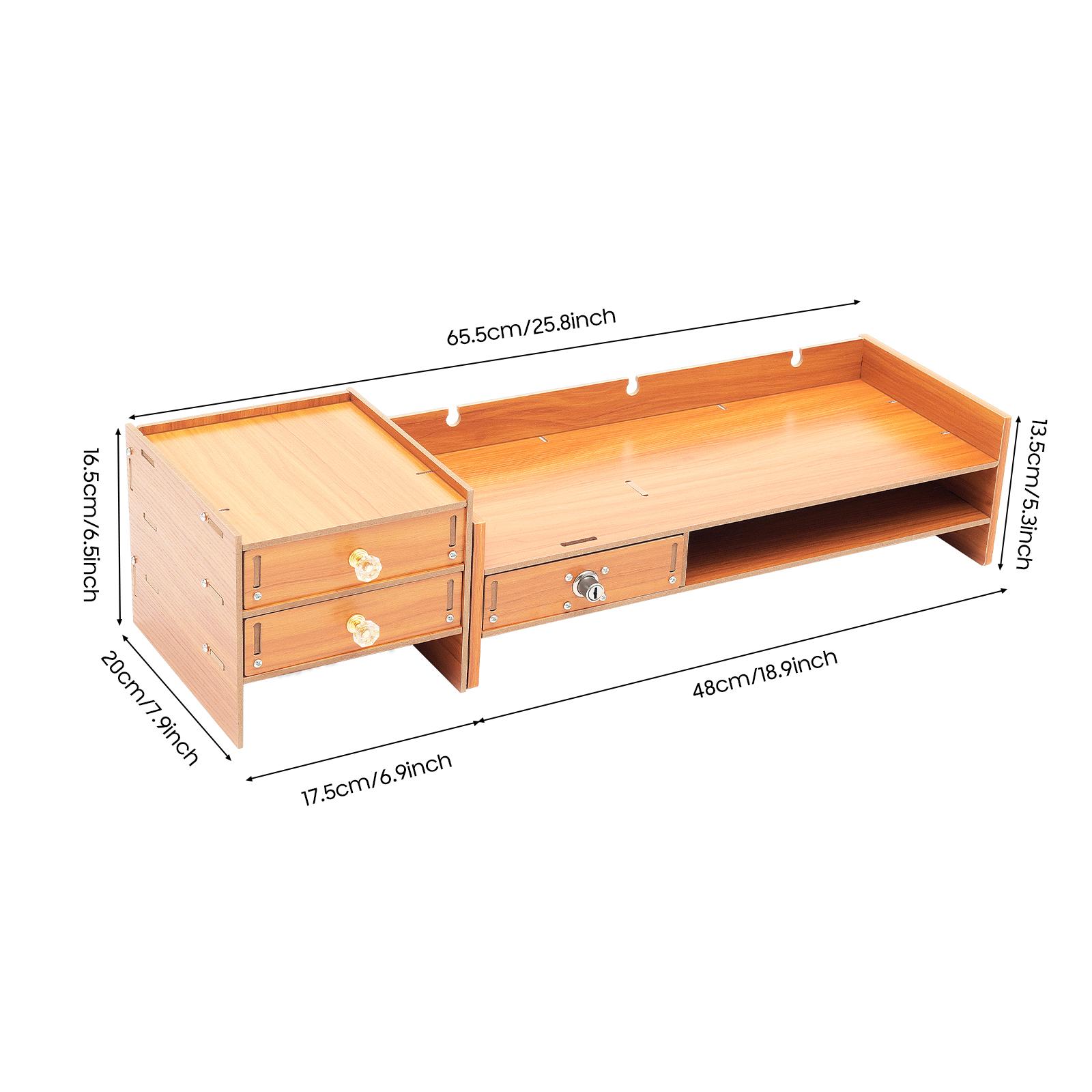 3-Drawer Computer Monitor Stand with Lockable Drawer & Side Cabinet, Wooden Desktop Organizer Riser with Phone Holder & Keyboard Storage, Ergonomic Eye Level Lift for Home Office Desk