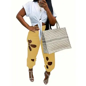 Women's Chic Floral Hollow Out Harem Pants Soft High-Stretch Polyester Spandex Mid Waist Machine Washable All Seasons Casual Wear