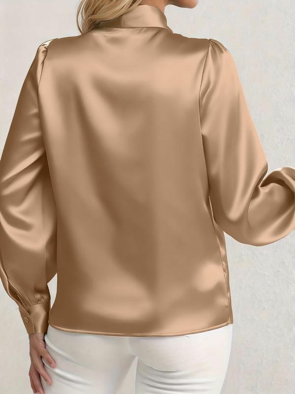 Elegant Satin Blouse with Bow Tie Neck, Fitted Casual Shirt for Work and Dates, Chic Spring & Fall Wardrobe Essential