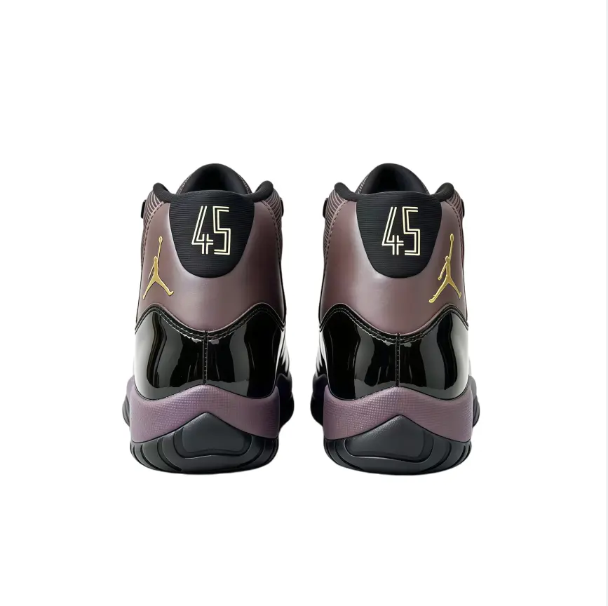 Unisex Coffee Retro 11 High Top Collectible Sneakers - Brand New With Matching Box, Glossy Black Patent Toe Cap, Matte Fabric Upper, Golden Logo Detail, Solid Rubber Outsole - For Casual Street Styling, Sneaker Collection Display