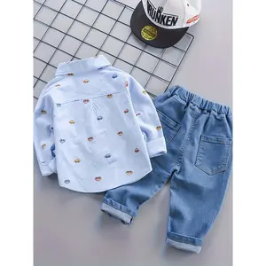 NewBoys' Cartoon Car Print Lapel Shirt and Long Sleeve Trousers Set, Cotton, Casual Style for Spring/Autumn, Autumn, Youngsters, Perfect for Outdoor