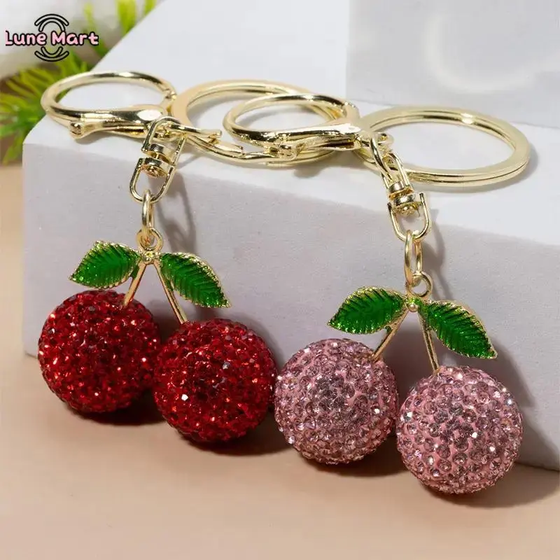 Full Diamond-Inlaid Cute Cherry Keychain - Multi-Color/Pink Rhinestone Detailing, Sparkly Gold, Fashion All-Match Women's Bag Charm, Exquisite Birthday Gift, Multi-Color Rhinestone Keychains, Pink Rhinestones Keychains