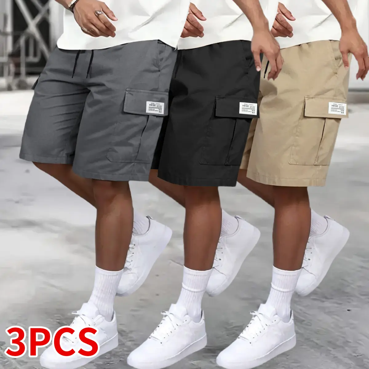Men's Fitted Mid-Waist Knee-Length Solid Shorts - Hemmed, 3-Pocket Design with Side Pockets, 3pocket Gear Stash, Adjustable Drawstring, Tooling Style for Summer Outdoor Leisure & Work