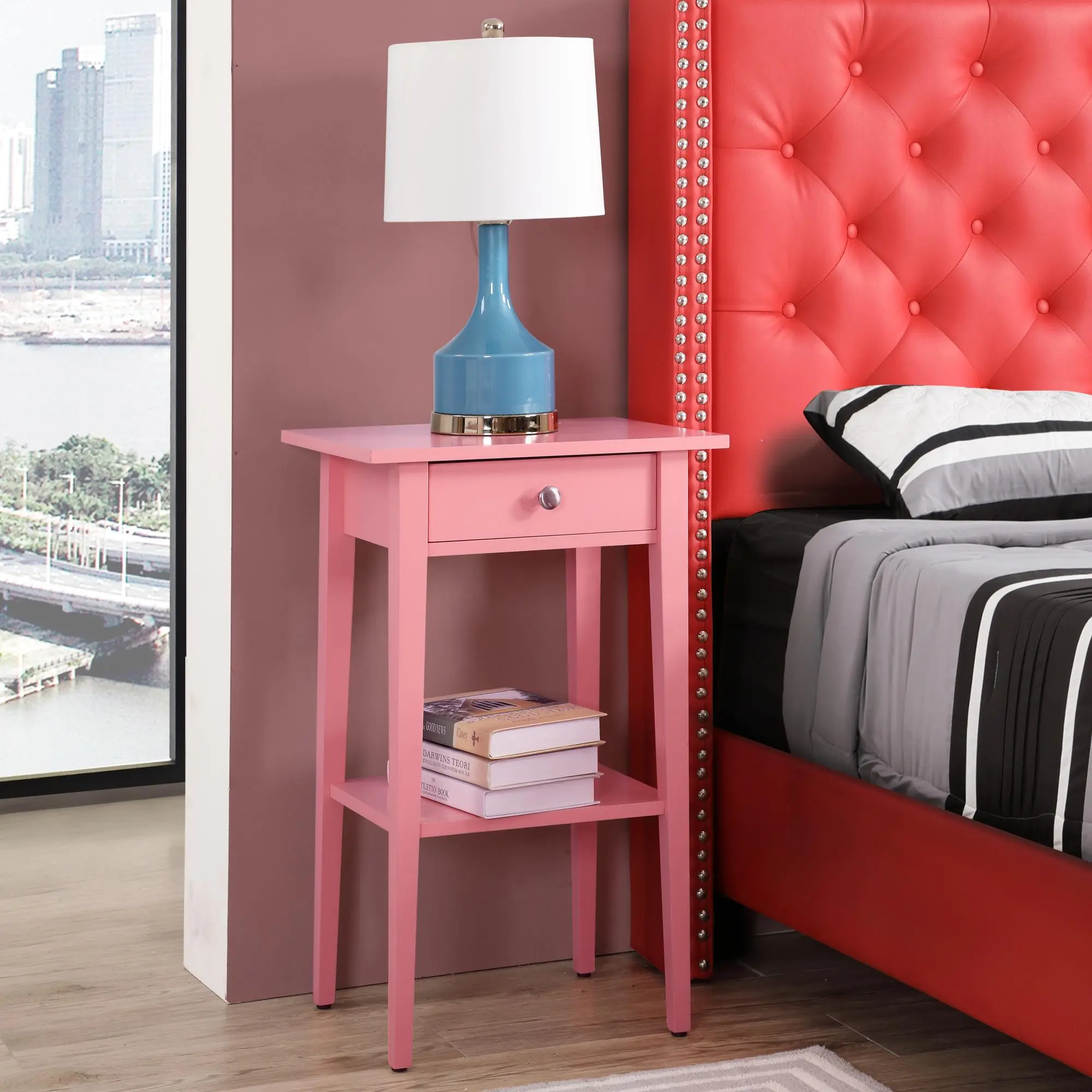 Pink Contemporary Nightstand with Charming Design, Single Drawer Storage, Modern Bedroom Accent