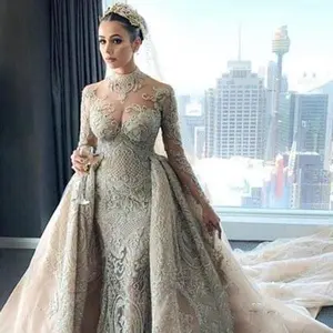 C2021-aLF88 - long sleeve bugle beaded illusion neckline wedding gown with detachable cathedral train
