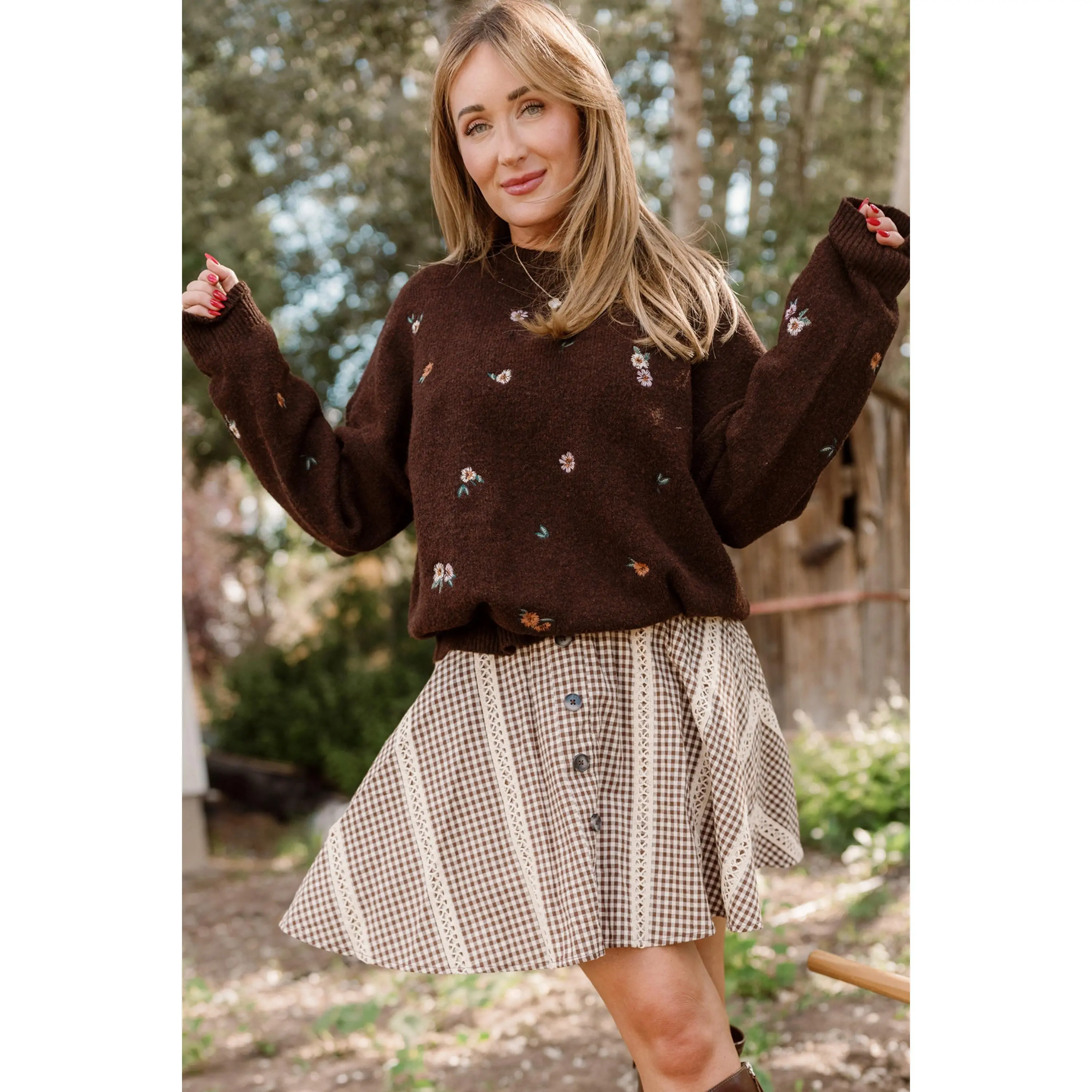 Ellis Sweater in Warm Cocoa Lovelorn Ditsy Embroidery