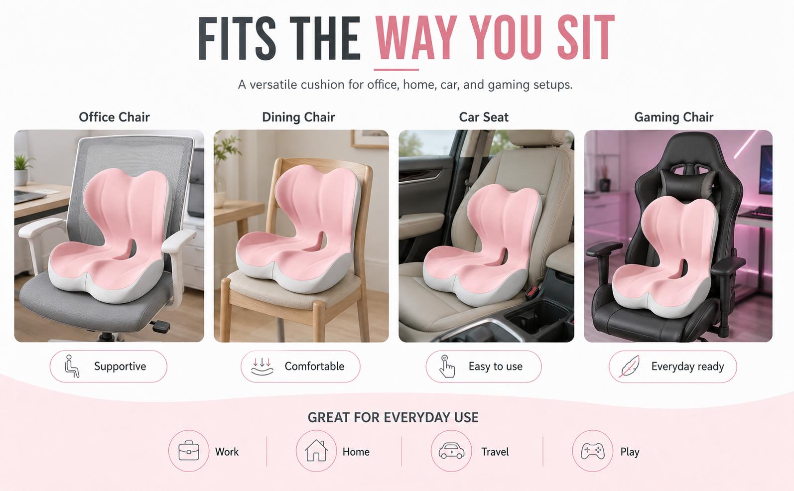 Contoured Ergonomic Memory Foam Seat & Backrest Cushion - Single Unit, Universal Desk & Office Use, Lumbar/Coccyx Tailbone Relief, Hip Comfort for Gamers, Washable Cover, Pink Gray Outdoor Pads