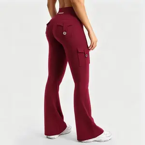 High Rise Tummy Shaping Flared Yoga Pants with Pockets Seamless Butt Lifting Cargo Workout Leggings