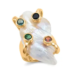 White Keshi Pearl, Multi Color Cubic Zirconia Ring in Goldtone Adjustable