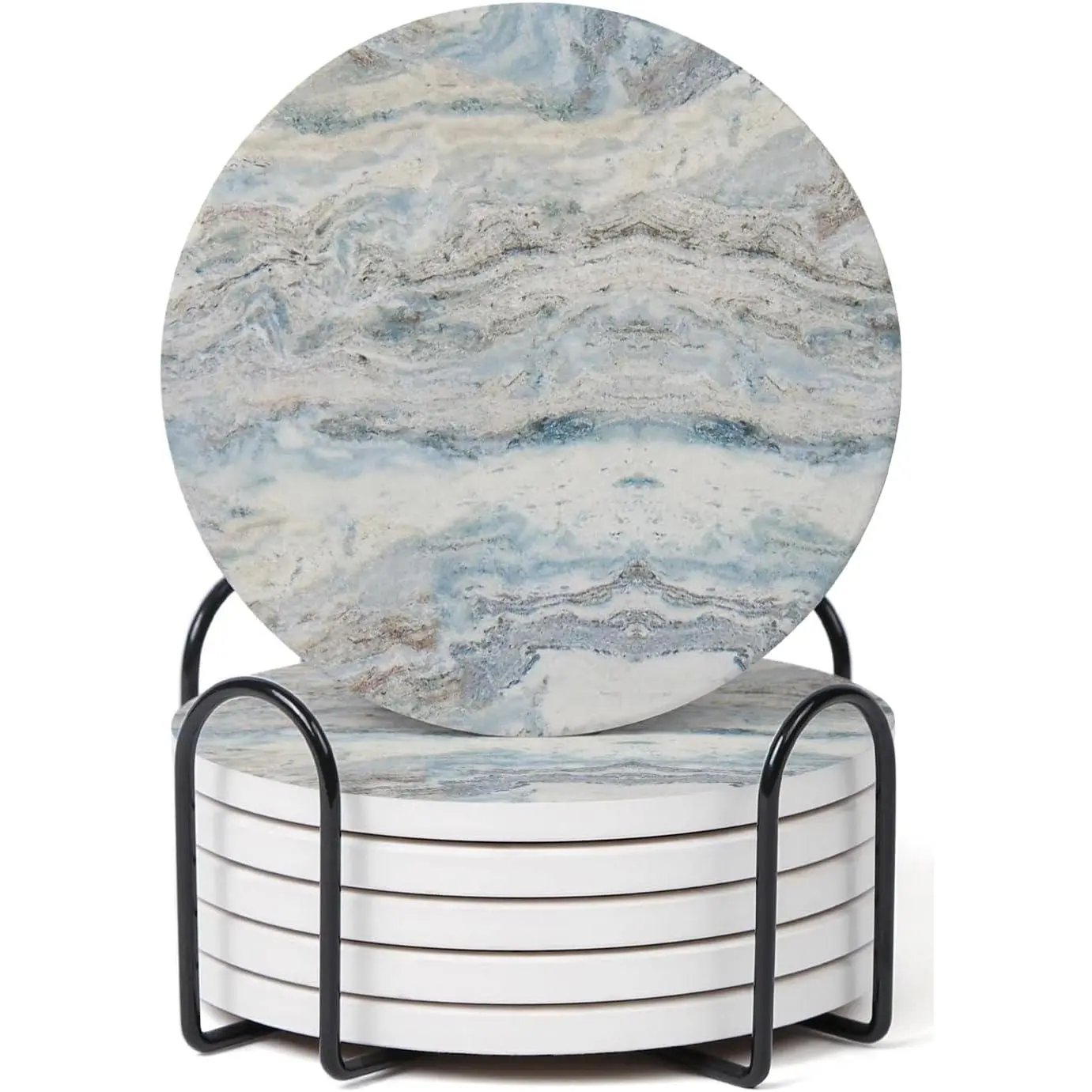 Set of 6 Mix Color Abstract Onyx Marble Coasters with Holder, Absorbent Ceramic Coasters for Drinks, Coasters with Cork Backing for Table Protection,  Decor, Coffee Table Decor