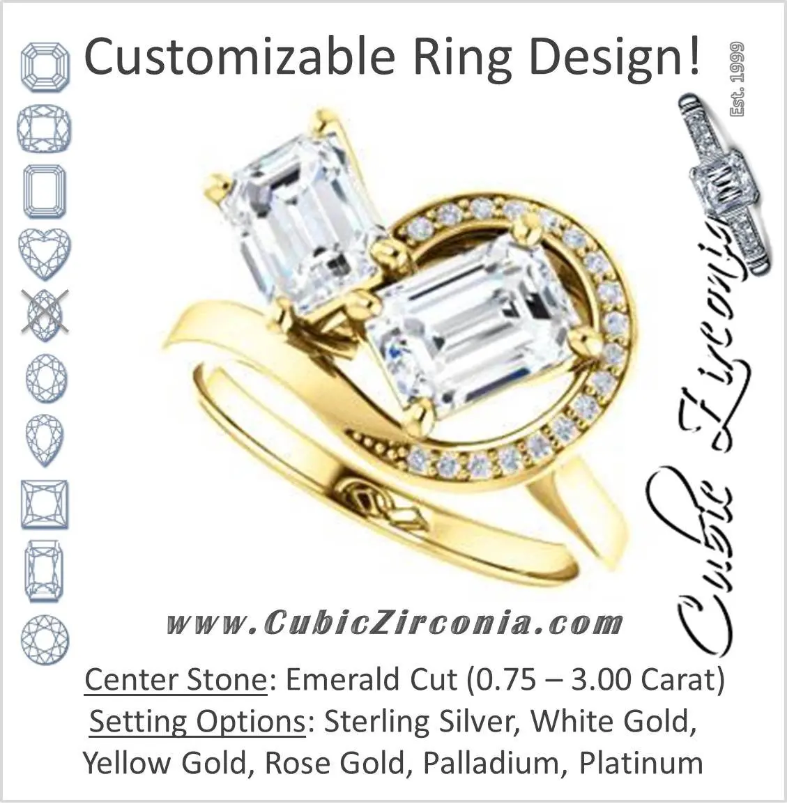Cubic Zirconia Engagement Ring- The Lupita (Customizable Enhanced 2-stone Asymmetrical Emerald Cut Design with Semi-Halo)