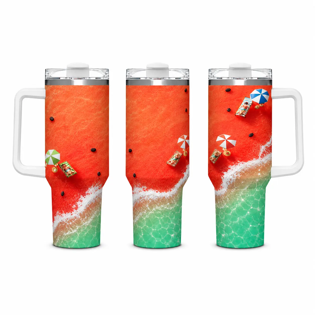 40oz Insulated Stainless Steel Tumbler - Colorful Watermelon Gradient/Ocean Wave Print, Leak-Proof Lid, Double Wall, Handle for Convenience, Car Cup Holder Friendly, Hot/Cold Function, Includes Organizer, Stylish Portable Home Supply Gift, Adults
