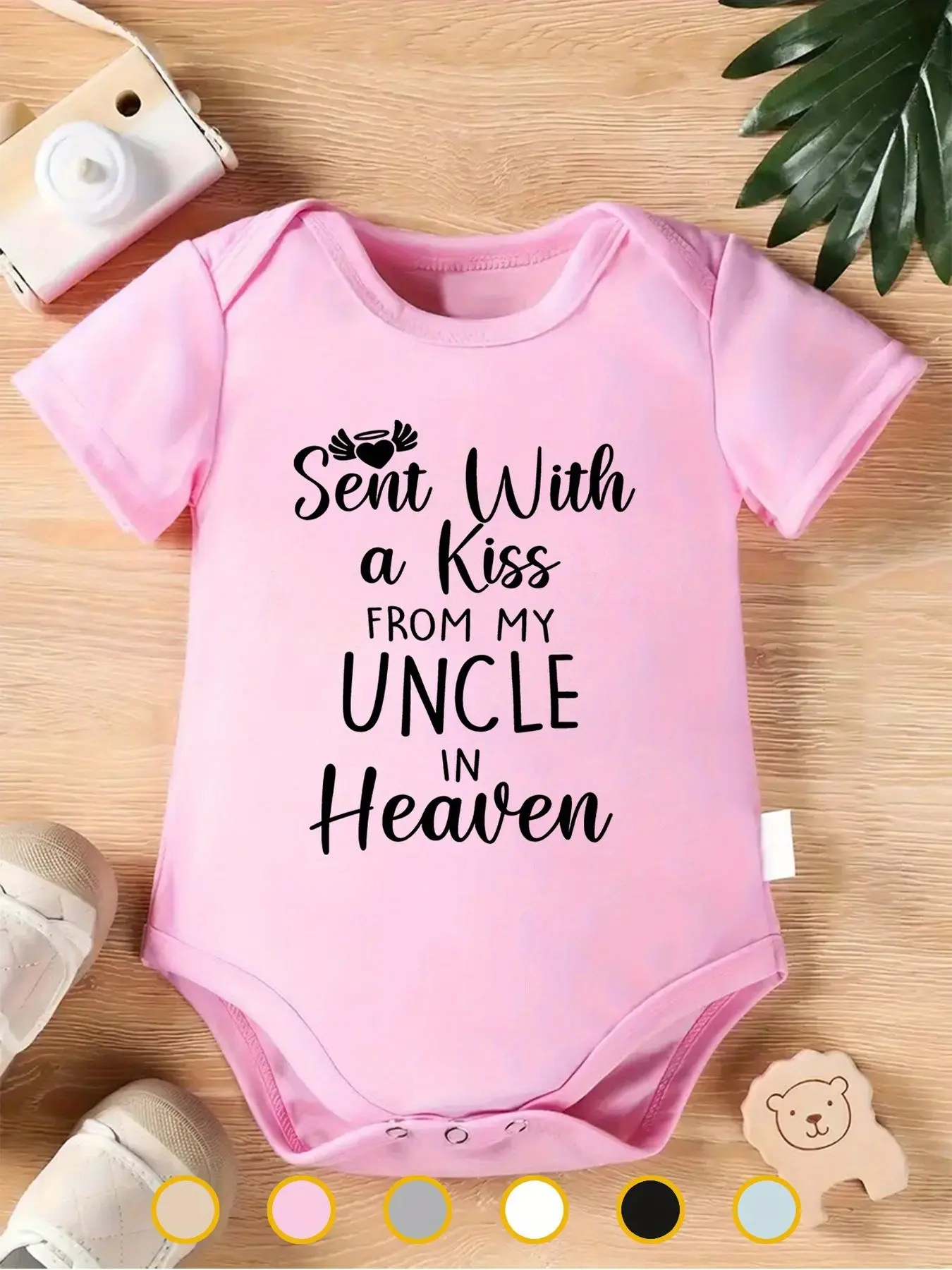 Sent With a Kiss From My Uncle in Heaven Short‑Sleeve Baby Bodysuit, Heart Wing Graphic Soft Cotton Infant Onesie