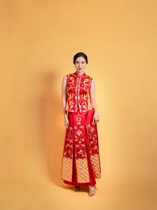 Modern Red Silk Chinese Wedding Dress with Phoenix & Dragon Hand Embroidery