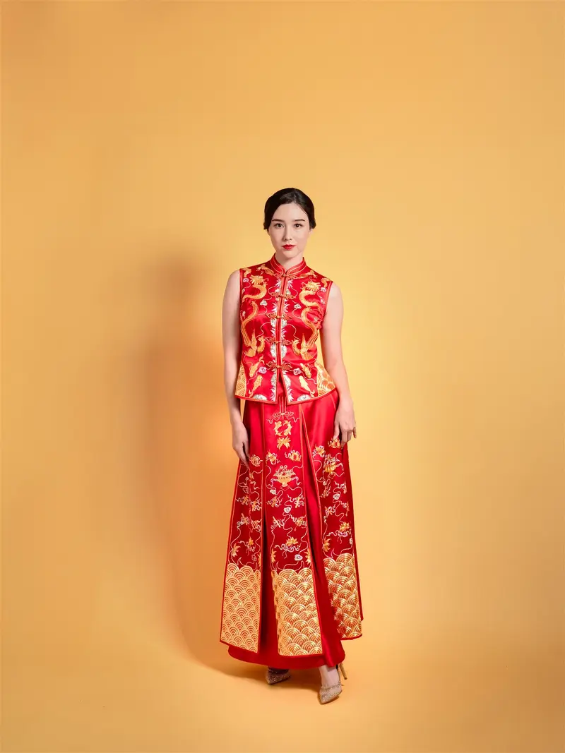 Modern Red Silk Chinese Wedding Dress with Phoenix & Dragon Hand Embroidery