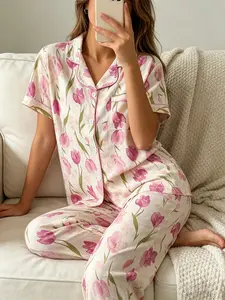Women's Short Sleeve Button Down Top and Pants Pajama Set, All Season Wear, Loungewear, For Cottagecore Lovers, Cream Base Pink Tulip Floral Print, Classic Lapel Collar, Loose Fit, Comfortable For Vacation & Home