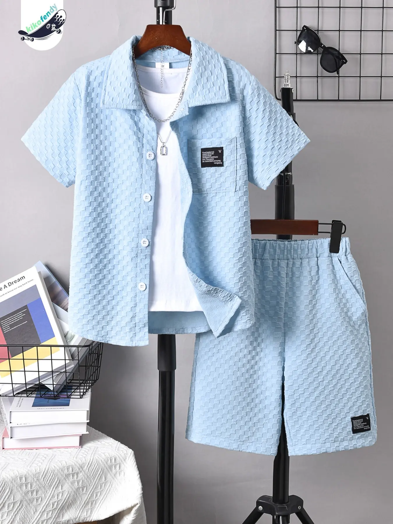Kikofendy Boys' Casual Fashion Embossed Plaid Jacquard Short Sleeve Shirt + Stylish Shorts Two-Piece Set, Summer Clothing Set, Outfit Sets