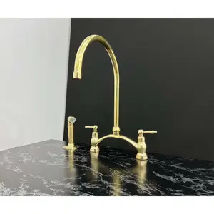 Handmade Unlacquered Brass Victorian Bridge Faucet with Swivel Gooseneck Spout with Sprayer