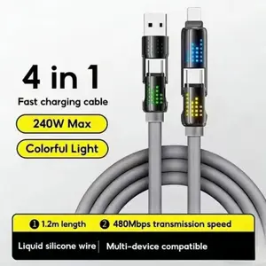240w Four-In-One USB-C Cable PD 5a Fast Charging Data Sync, Includes USB a Type C Lightning, Aluminum Design, 4ft Silicone Cord