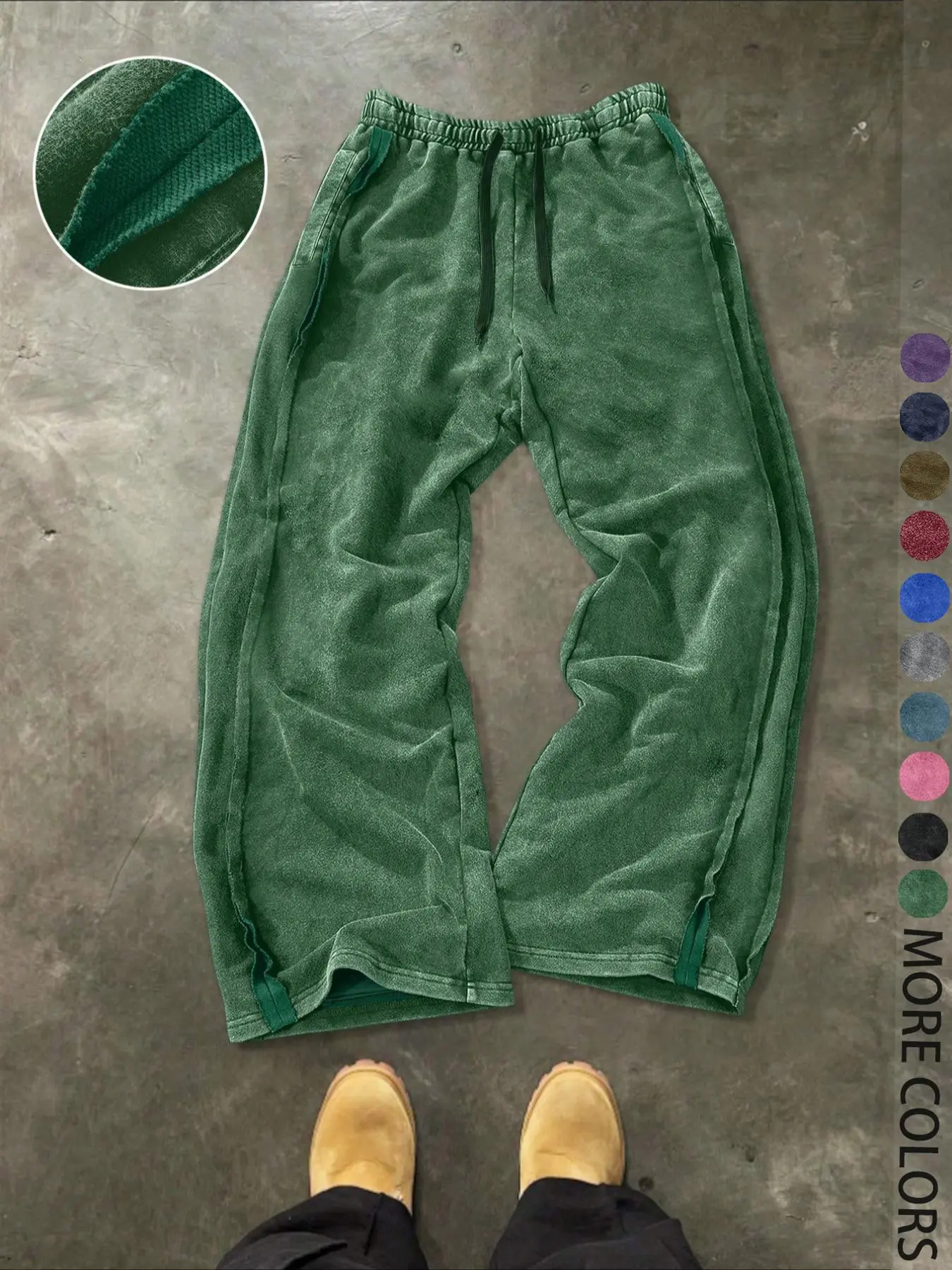 Men’s streetwear: simple cotton athletic pants with relaxed leg openings, adjustable waistband, knitted fabric, water-washed cotton material with subtle vintage details. Casual, versatile, perfect for casual wear, street style, suitable for everyday use.