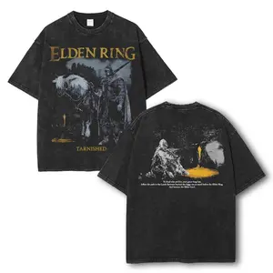 The Tarnished Elden Ring Retro Vintage Unisex Oversize Anime Manga Acid Washed Heavyweight Cotton T-shirt, Anime Merch, Menswear Top