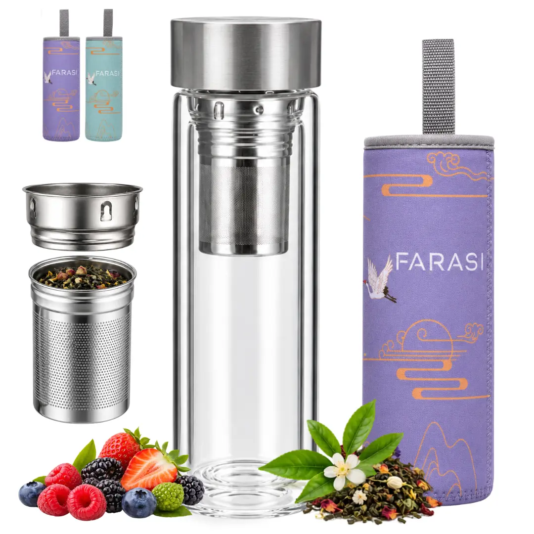 Farasi Glass Tea Infuser Bottle Tumbler 15oz with Infuser & Protective Sleeve
