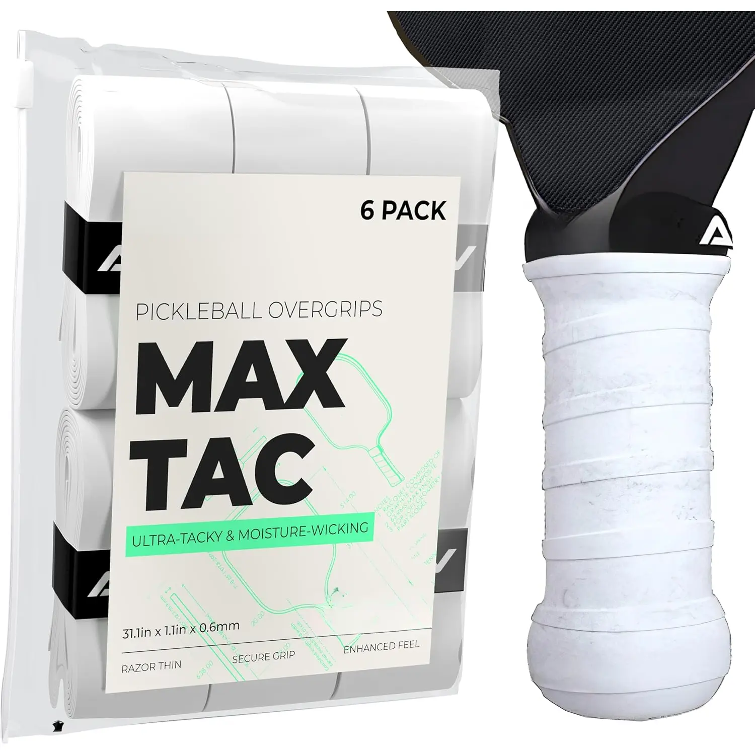 MaxTac Tacky Pickleball Grip Tape - 6 & 12-Pack - Extremely Sticky Non-Slip Pickleball Overgrip - -Thin & Easy to Use Pro Pickleball Paddle Grip Tape