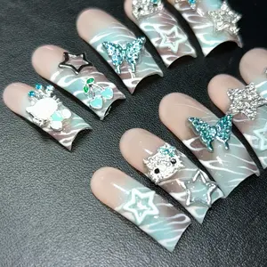 Long curved 90s style y2k blue and gray zebra press on nails Manicure Polish Nail Polish Nail Care Nail Art Cosmetic Cutics