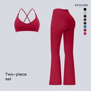 MFVIM women’s two-piece set: solid-color cross-back bra and high-waisted butt-lifting flared leggings, yoga workout set