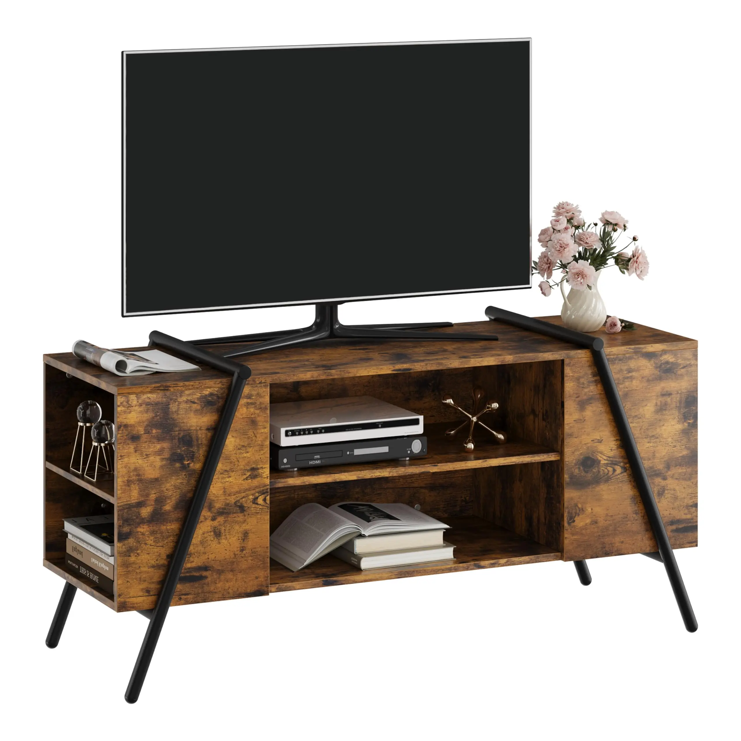 Industrial TV Stand - Wooden Entertainment Center with Metal Legs, Adjustable Open Shelves, TV Console Table for Living Room or Bedroom