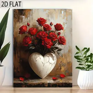 [2D Flat] 1pc 2D Flat Framed Canvas Wall Art |   Luxurious Red Roses in White Heart Vase, Romantic Floral Painting with Textured Beige Background, Ready-to-Hang Home Decor & Sentimental Gift for Valentine'S Day, Anniversaries, Perfect for Room Decor	