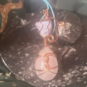 Blue Lace Agate and White Quartz Necklace in Copper Wire Wrap Design