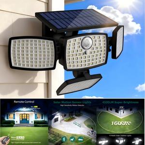 Hoodink Solar Outdoor Lights 4500LM 306LED Security Lights with Remote Control, 4 Heads Motion Sensor Lights, IP65 Waterproof, Easy Install, 270°Wide Angle Flood Wall Light with 3 Modes for Backyard Yard
