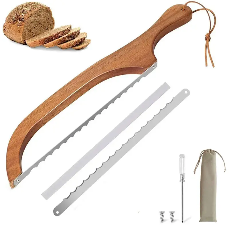15.7 In Wooden Sourdough Bread Knife- Ergonomic Design for Homemade Bread with Replacement Blade Sourdough Bread Slicer Premium Stainless Steel Serrated Sourdough Cutter for Cutting Even Slicing Baguettes Bagels Kitchenware Utensils