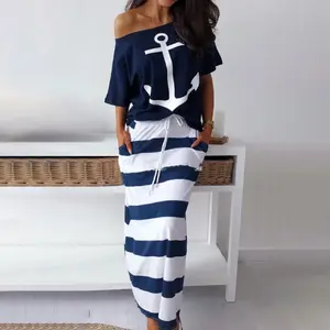 ChicMe Women's 2026 Boat Anchor Print T-Shirt & Striped Drawstring Skirt Set