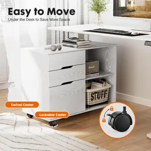 3-Drawer Mobile Lateral File Cabinet | Rolling Storage Cabinet with Open Shelves & Smooth Casters | Versatile Organizer for Home Office, Kids Room & Living Room, White