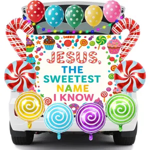 Religious Trunk or Treat Car Decorations Kit, Candy Themed Trunk or Treat Decorations with Candy Banner, Lollipop Balloons & Latex Balloons for SUV Church Halloween School Sunday Events