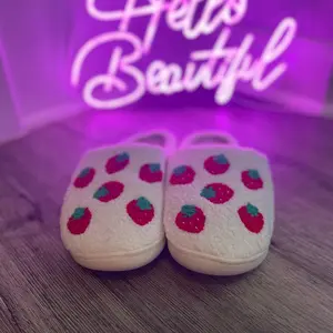 White Strawberries Happy Feet Cozy Slippers Slide Walking Shoes Comfort Footwear