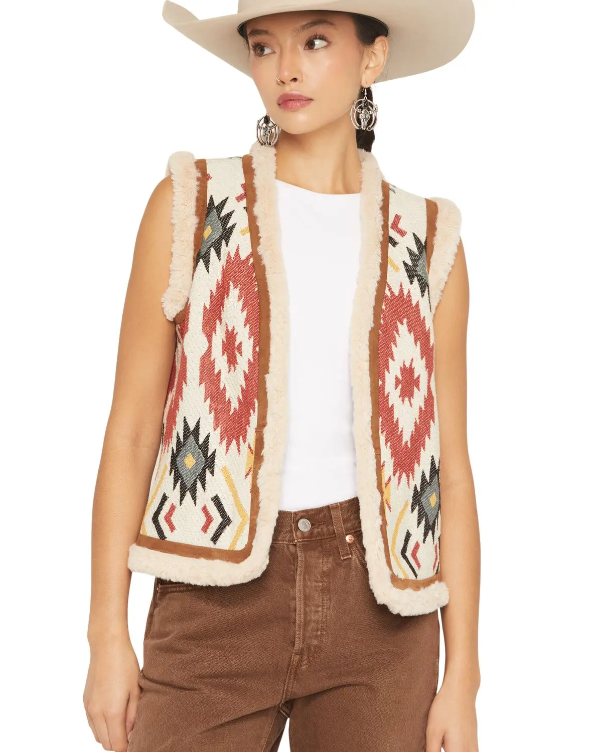 Scully Women's Women'S Southwestern Print Sherpa Trim Suede Vest - Hc956